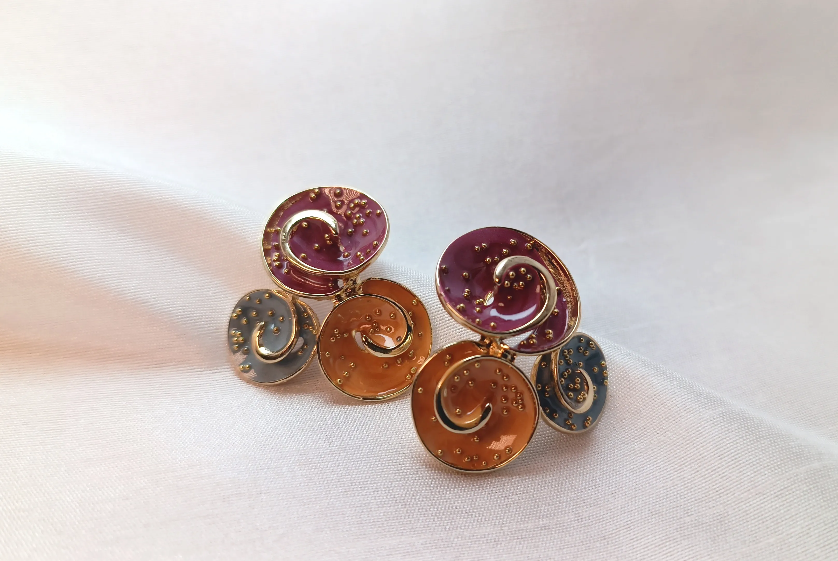 Bohemian Chic Multi-Colored Enamel Swirl Triple Disc Stud Earrings